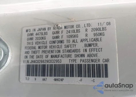 2009 Acura Tsx из США, поврежденный, VIN JH4CU26629C032953